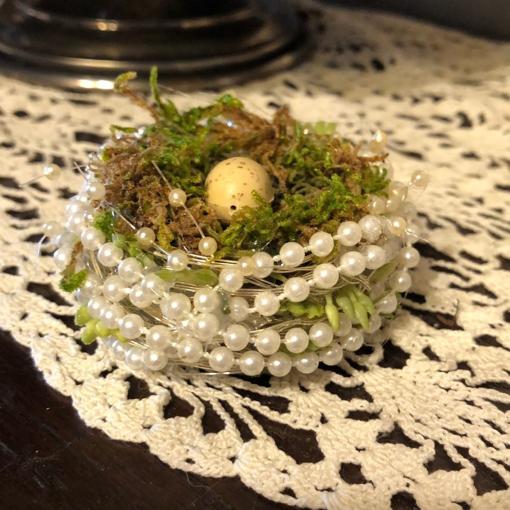 Handmade birds nest made of pearls, moss, silver wire and bits of sedum accents